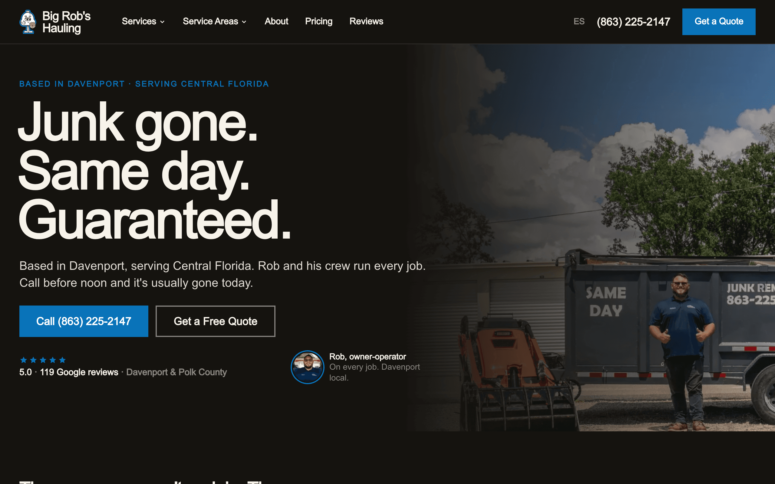 Big Rob's Hauling homepage, desktop