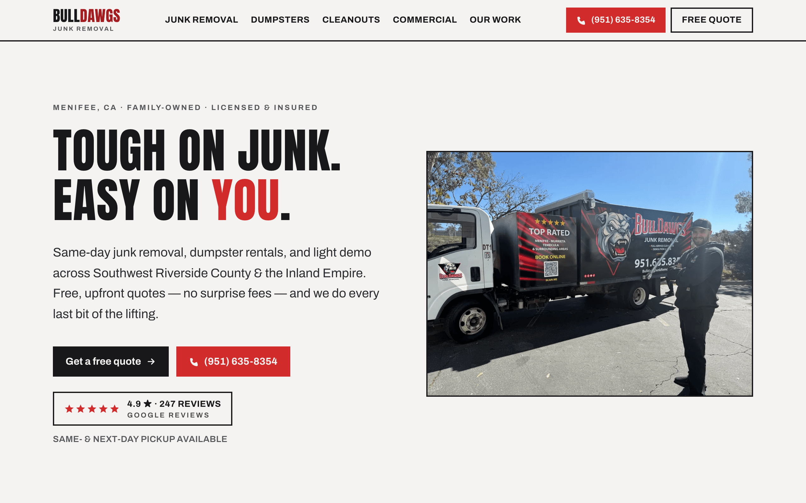BullDawgs Junk Removal homepage, desktop