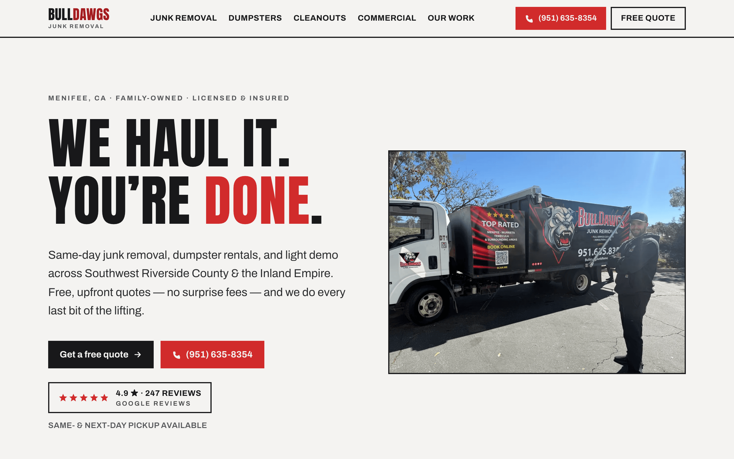 BullDawgs Junk Removal homepage, desktop