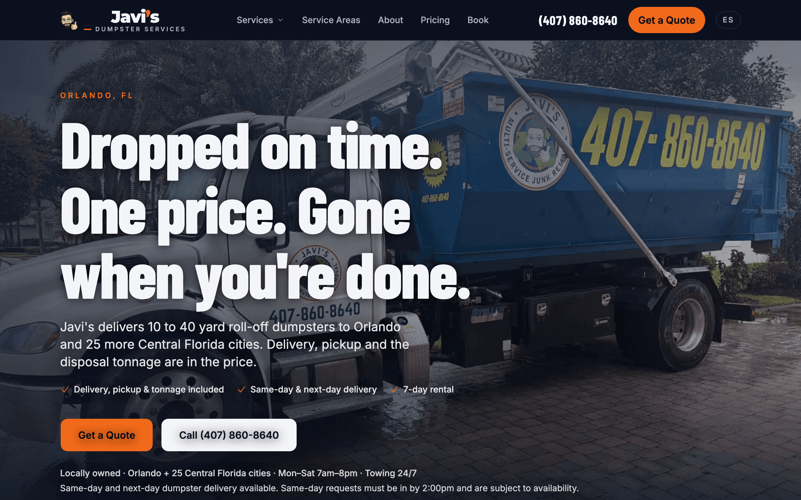 Javi's Dumpster Services homepage, desktop