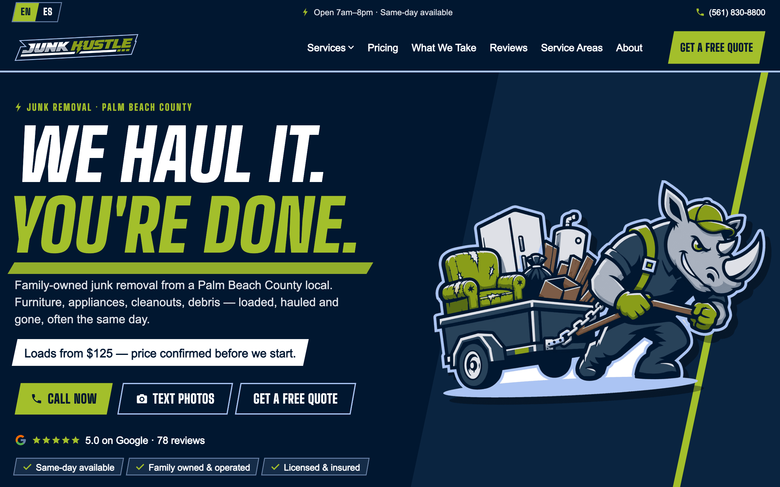 JunkHustle homepage, desktop