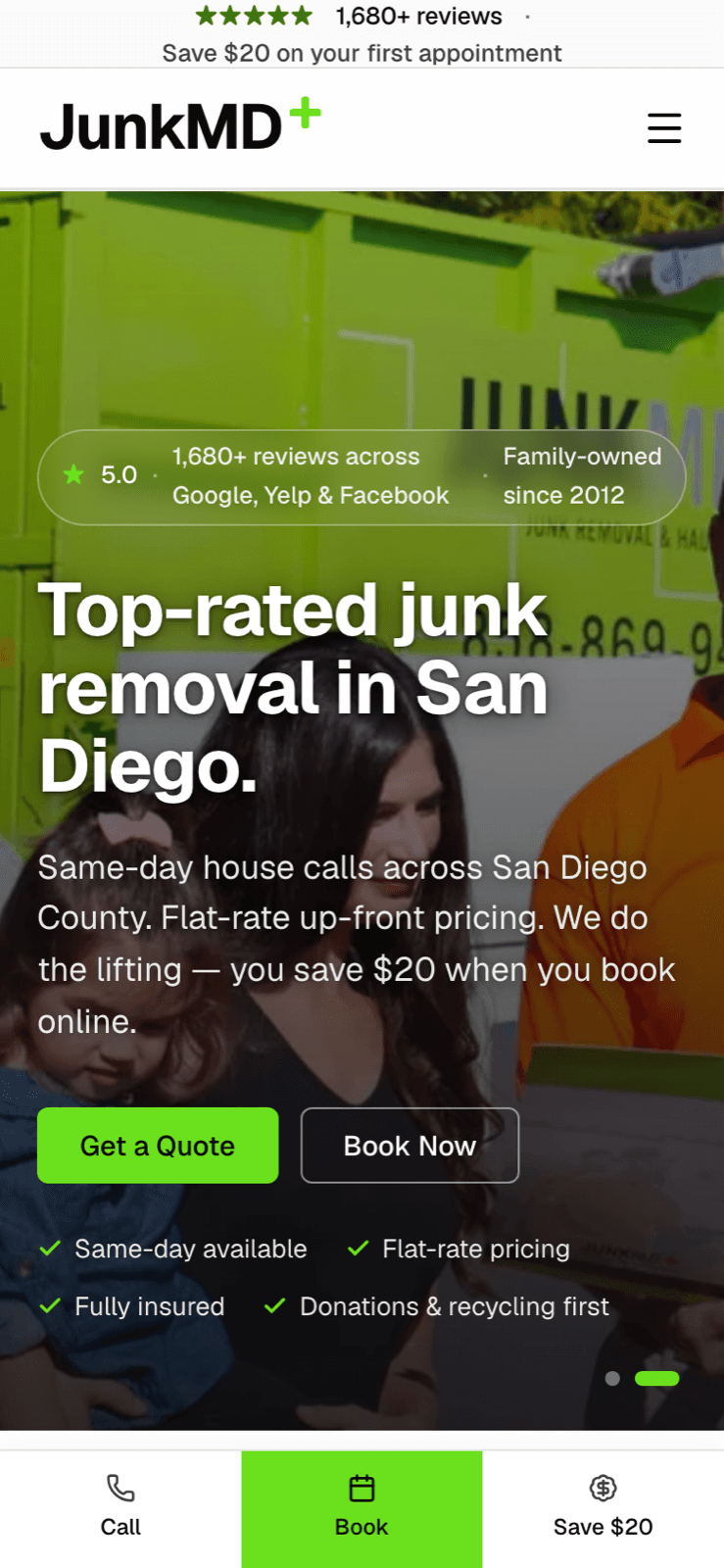 The JunkMD homepage on a phone, scrolling top to bottom