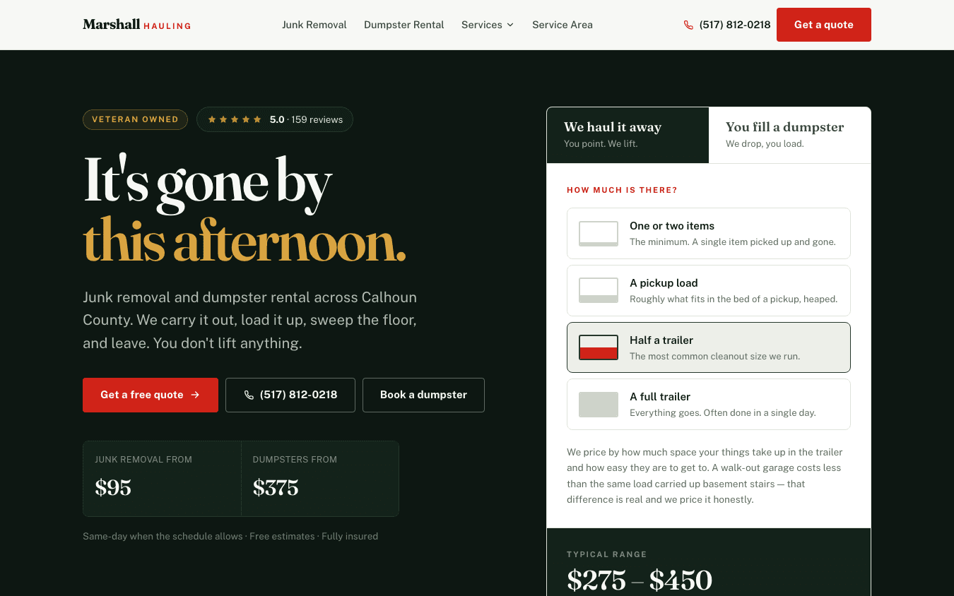 Marshall Hauling new homepage, desktop