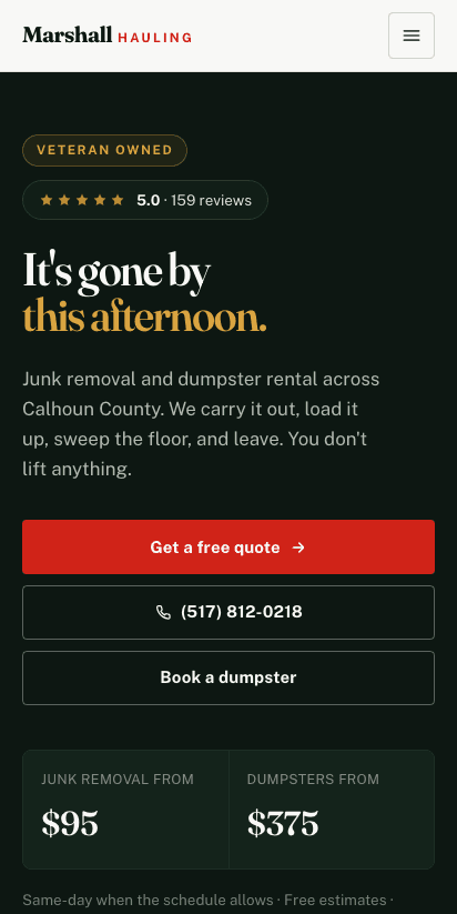 Marshall Hauling new homepage, mobile
